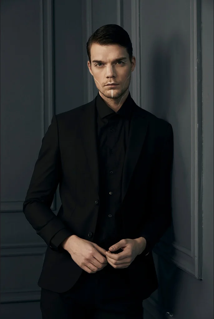 Nikola dark suit editorial fotoğrafı, siyah takım elbiseli erkek model portresi, Paulmark için Ankara moda fotoğrafçısı Şems Erik