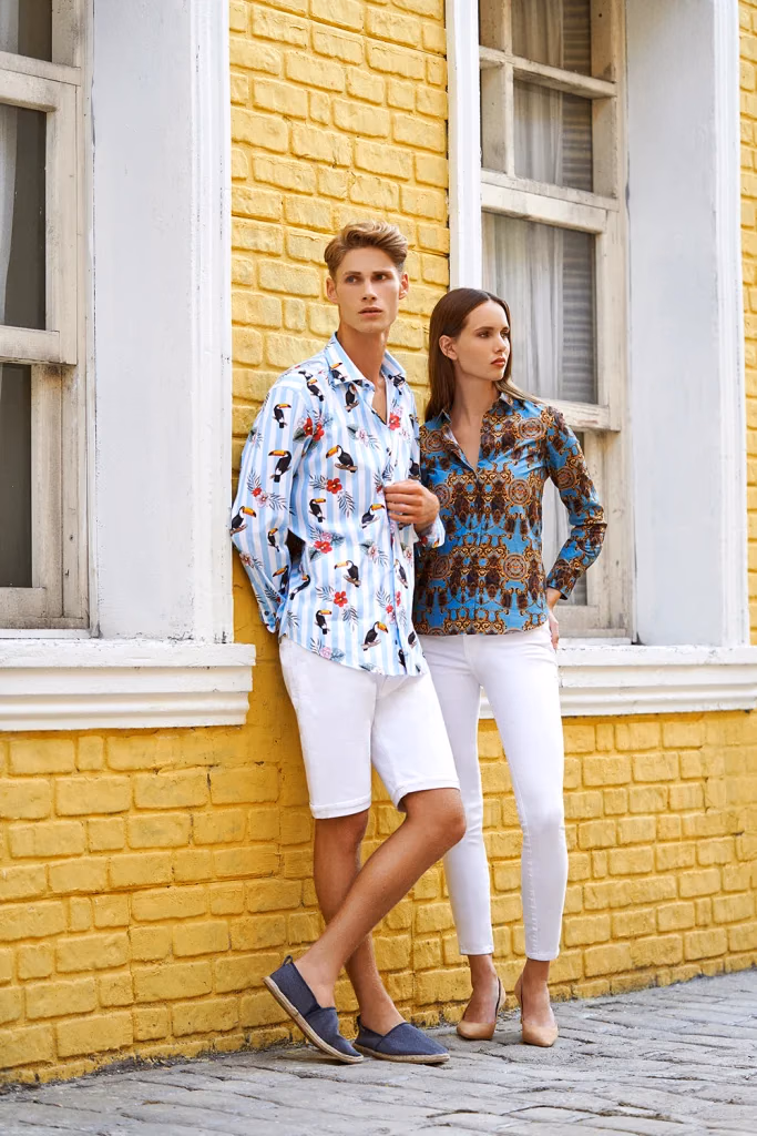 Grosvenor London kampanyası, çiçek desenli gömlek kombinleri, çift portresi, dış mekan doğal ışık, İstanbul moda fotoğrafçısı Şems Erik